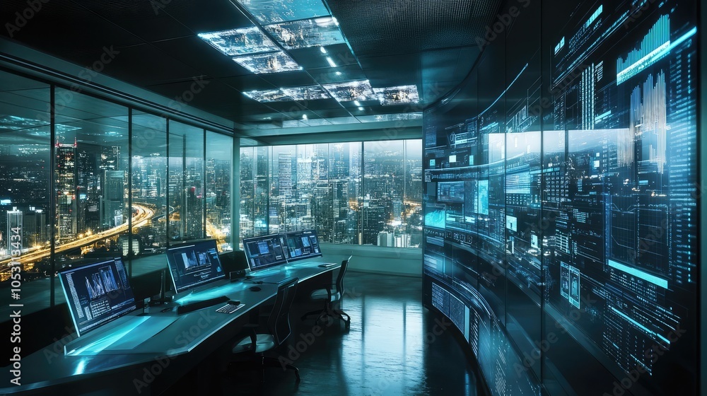 Poster futuristic finance center using quantum computing for real-time analytics