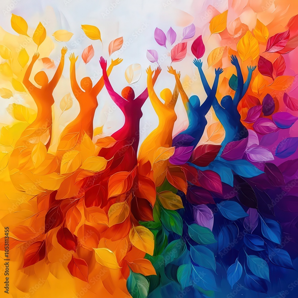 Poster celebrating unity and joy through colorful expressions of movement and life