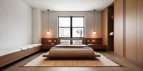 Fototapeta premium Modern minimalist bedroom, wooden panels, built-in furniture, white brick wall, large window, natural light, neutral color palette, floating bed, pendant light, cozy atmosphere, clean lines, Scandinav