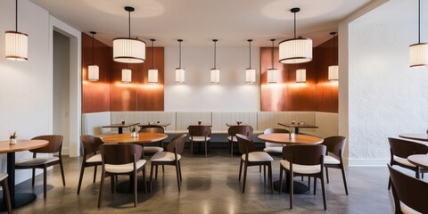 Fototapeta premium Modern restaurant interior, minimalist design, white walls, wood paneling, round tables, black chairs, large drum pendant lights, beige floor, clean aesthetic, symmetrical layout, contemporary dining 