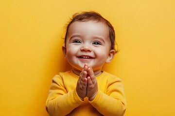 Baby with a wide smile, clapping hands, isolated against a pale yellow background, clean and bright with space for messaging,
