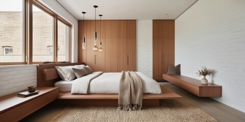 Modern minimalist bedroom, wooden panels, built-in furniture, white brick wall, large window, natural light, neutral color palette, floating bed, pendant light, cozy atmosphere, clean lines, Scandinav