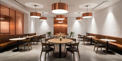 Modern restaurant interior, minimalist design, white walls, wood paneling, round tables, black chairs, large drum pendant lights, beige floor, clean aesthetic, symmetrical layout, contemporary dining 