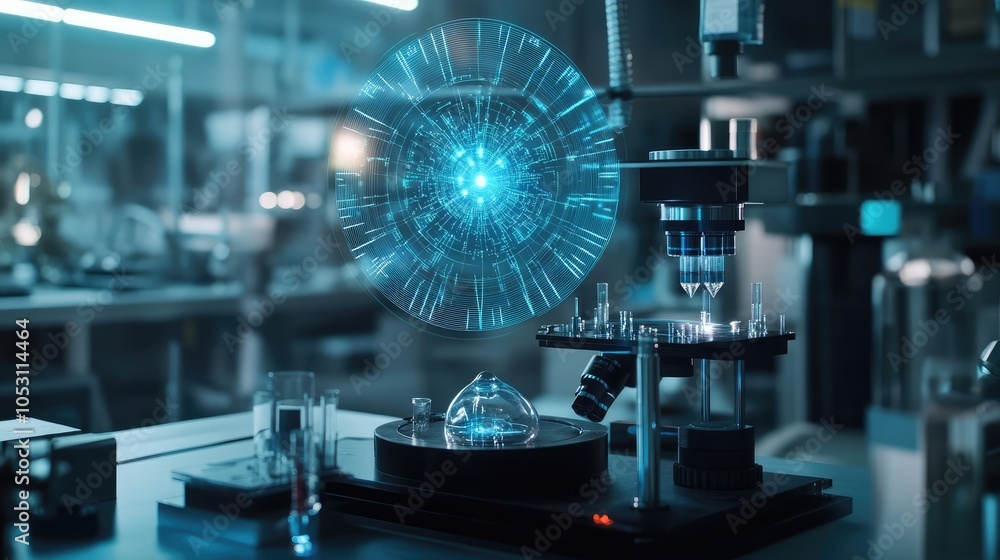 Poster holographic interface displaying quantum data in a high-tech lab
