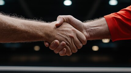 Two hands clasp in a firm handshake over a tennis net, illustrating sportsmanship and competitive spirit.