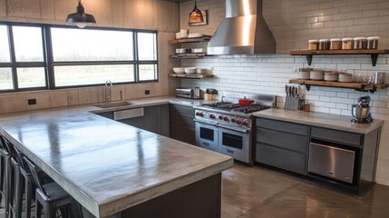 Industrial kitchen with concrete countertops and metal shelving