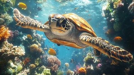 Fototapeta premium A sea turtle swims gracefully through a vibrant coral reef, surrounded by colorful fish.