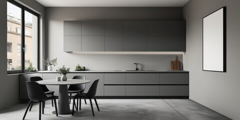 Modern minimalist kitchen, sleek gray cabinetry, quartz countertops, pendant lighting, black dining chairs, round black table, large windows, natural light, monochromatic color scheme, contemporary in