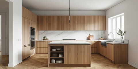 Modern minimalist kitchen, light wood cabinetry, white countertops, built-in appliances, L-shaped layout, large window, natural light, neutral color palette, sleek hardware, contemporary design, clean