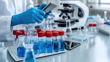 A researcher meticulously studies molecular structures in a lab filled with vials of blue liquid and advanced equipment, symbolizing scientific pursuit.