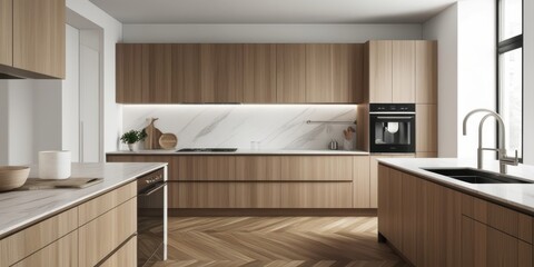 Modern minimalist kitchen, light wood cabinetry, white countertops, built-in appliances, L-shaped layout, large window, natural light, neutral color palette, sleek hardware, contemporary design, clean