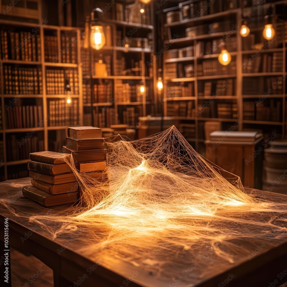 Poster enigmatic library with ethereal web of light and books in a cozy atmosphere