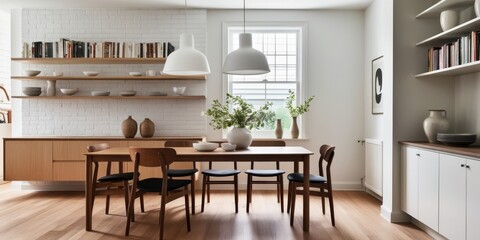 Scandinavian dining room, minimalist kitchen, wooden dining table, mid-century modern chairs, white pendant lights, floating wooden shelves, exposed brick wall, neutral color palette, open concept, na