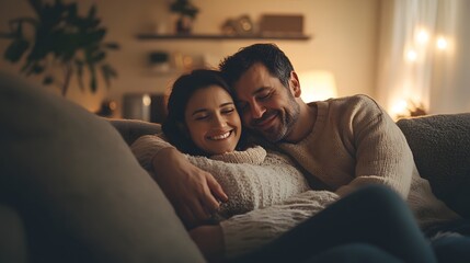 Fototapeta premium Portrait of mid adult couple sitting on sofa. 