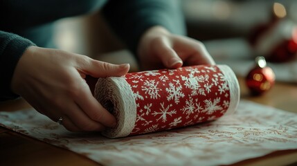 Hands gently roll festive red wrapping paper adorned with snowflakes, evoking a warm, holiday atmosphere with subtle Christmas decorations in the background.