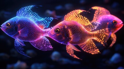 Fototapeta premium Two neon-colored fish with glowing fins, swimming in a dark underwater environment.