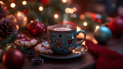 A holiday-themed table setup with a steaming cup of hot chocolate, sugar cookies on a plate, twinkling Christmas lights casting a warm glow, surrounded by colorful ornaments, cozy and inviting feel.