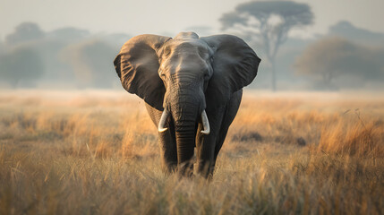 Fototapeta premium Elephant india standing on a sunny blurry background panormaic, wildlife