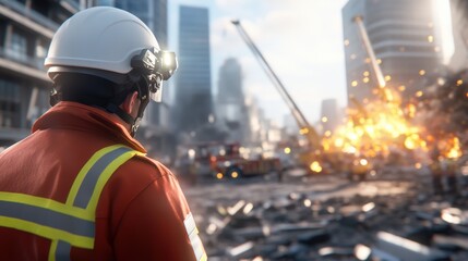 A construction worker surveys the aftermath of an explosion in an urban environment, highlighting the impact of disaster on infrastructure.