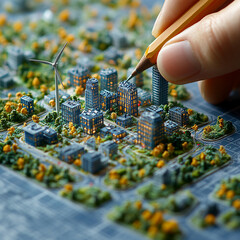 A hand draws on a miniature city model, with buildings, trees, and a park.

