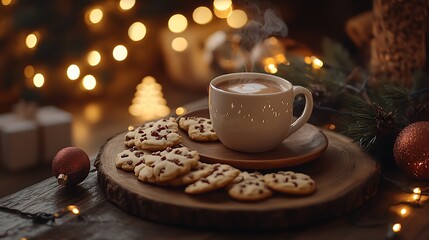 A rustic holiday table setup with a steaming cup of hot cocoa, classic Christmas cookies on a wooden plate, surrounded by twinkling Christmas lights, warm lighting creating a cozy atmosphere,