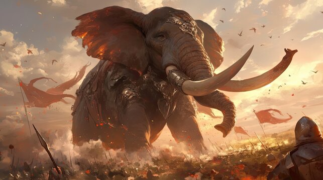 Armored Elephant Charging Through a Battlefield