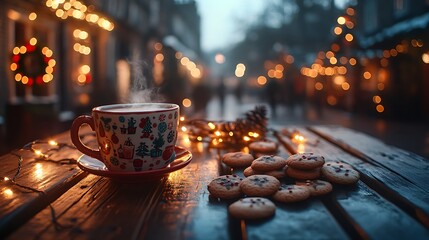 A rustic wooden table adorned with bright Christmas lights, a steaming hot drink in a holiday-themed cup, and a selection of festive cookies,