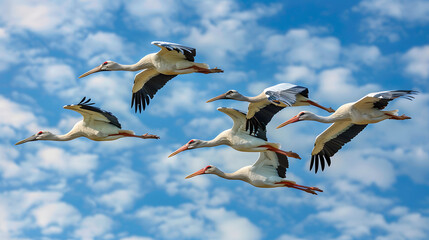 Obraz premium Flock of storks soaring in the sky, wildlife in motion, the grace and majesty of birds in their natural habitat