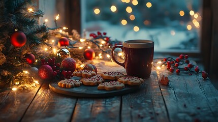 A simple holiday table setup with a hot drink, decorated cookies, glowing Christmas lights casting soft shadows, festive ornaments adding a touch of color, rustic wooden surface,