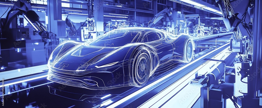 Poster wireframe of a sports car on an automated production line in a factory.