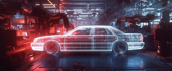 Wireframe car model on a futuristic factory floor.
