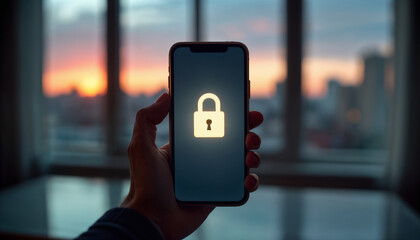 Smartphone Screen with Lock Symbol at Sunset