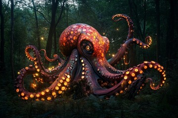 Obraz premium A vibrant octopus surrounded by a mystical forest. Its glowing body captivates in the enchanting darkness. Nature meets fantasy in this stunning creation. Generative AI