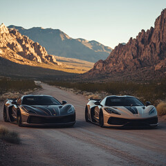Two light-colored sports cars, beige and black, are parked on a dirt road in front of mountains.

