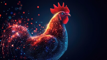 Fototapeta premium A rooster made of shimmering particles against a dark blue background.