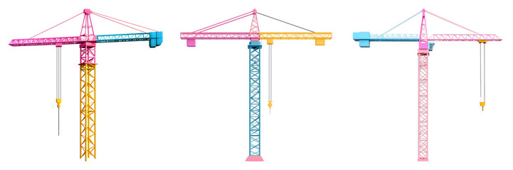 Three colorful construction cranes standing side by side against a dark background, showcasing their distinct structures and designs.