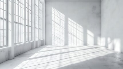 Fototapeta premium A white room with large windows, a white floor and wall, soft shadows, light coming from the window, high-resolution photography, bright and airy atmosphere, sun rays, sunlight, da