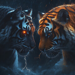 Two tigers, facing each other, one white and one orange, with glowing energy around them.

