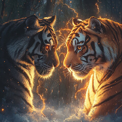 Two tigers, facing each other, one white and one orange, with glowing energy around them.


