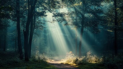 Fototapeta premium Sunlight streaming through autumn trees in a serene forest setting at dawn, casting a golden glow on the pathway