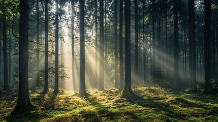 Obraz premium Sunlight streaming through autumn trees in a serene forest setting at dawn, casting a golden glow on the pathway