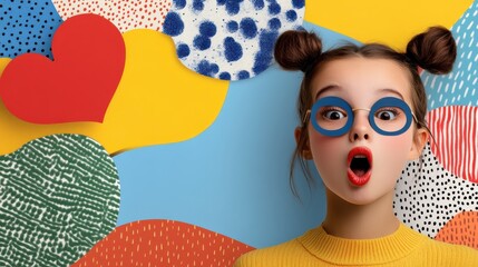 Fototapeta premium A surprised girl with colorful glasses and a playful collage background exudes wonder and curiosity.
