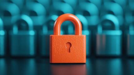 Fototapeta premium Vibrant Orange Padlock Among Metallic Locks