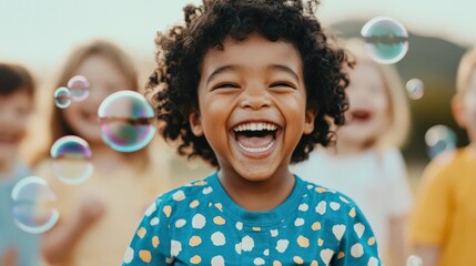 Group of children playing with bubbles in a sunlit park, their faces filled with laughter and joy, [childhood wonder], [joyful play],