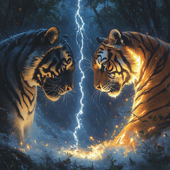 Two tigers, facing each other, one white and one orange, with glowing energy around them.

