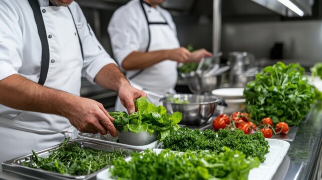 Chefs in pristine uniforms artfully arrange vibrant greens, showcasing culinary proficiency in a bustling kitchen environment.