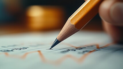 Close-up of a hand adding trend lines to a growth chart with a pencil, sharp focus on data and pencil markings, ambient light casting subtle shadows, blurred office background. --ar 16:9