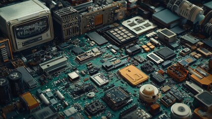 Collection of repurposed electronic parts, dynamic reuse of components, futuristic eco design, 3D illustration