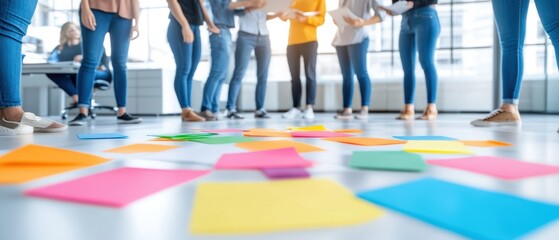 A diverse group of people collaborating on creative ideas using colorful sticky notes in a bright, modern workspace.
