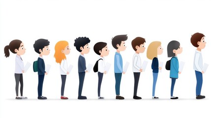 Obraz premium A diverse group of people lined up, showcasing various hairstyles and outfits, ideal for concepts of waiting or teamwork.